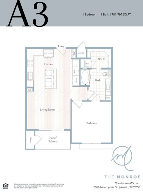 Floor plan for 1 bed, 1 bath, 797 sqft